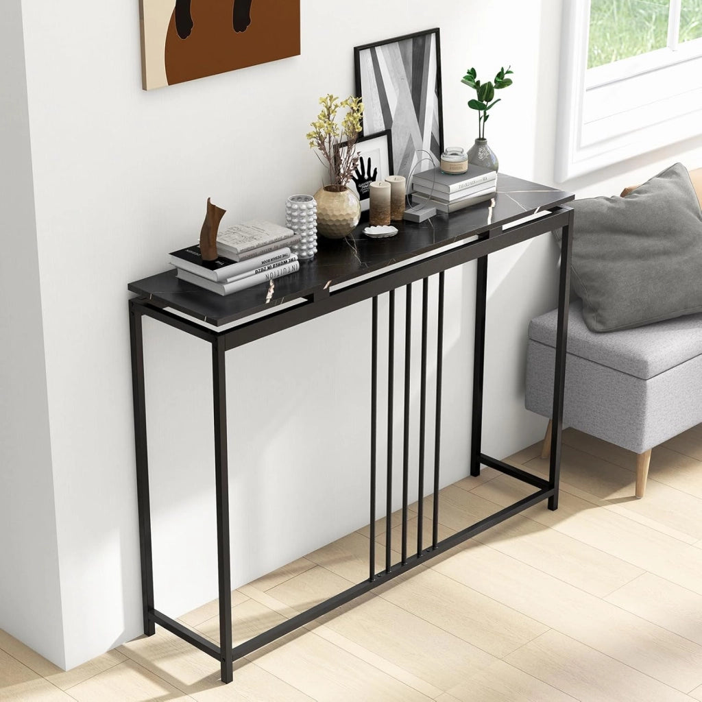 Tavolo da Ingresso Stretto, Tavolo Consolle Moderno in Finto Marmo con Struttura in Acciaio, Tavolo Multiuso per Salotto e Corridoio, 120 x 30 x 90 cm
