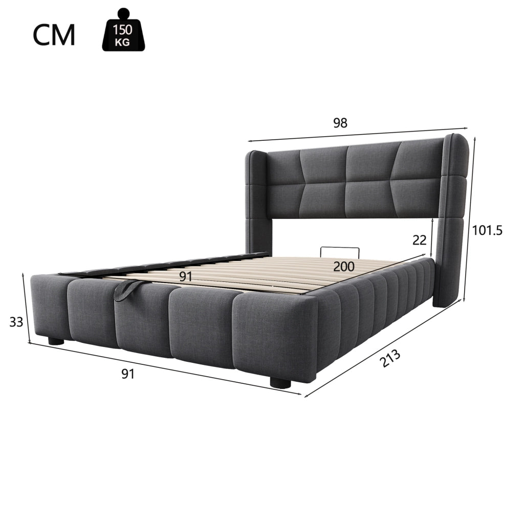 Letto imbottito 90x200 cm con contenitore e testiera in tessuto grigio