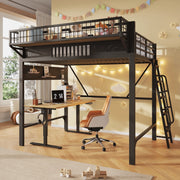 Letto a soppalco 140x200 cm in metallo nero con vani contenitore e scala reversibile