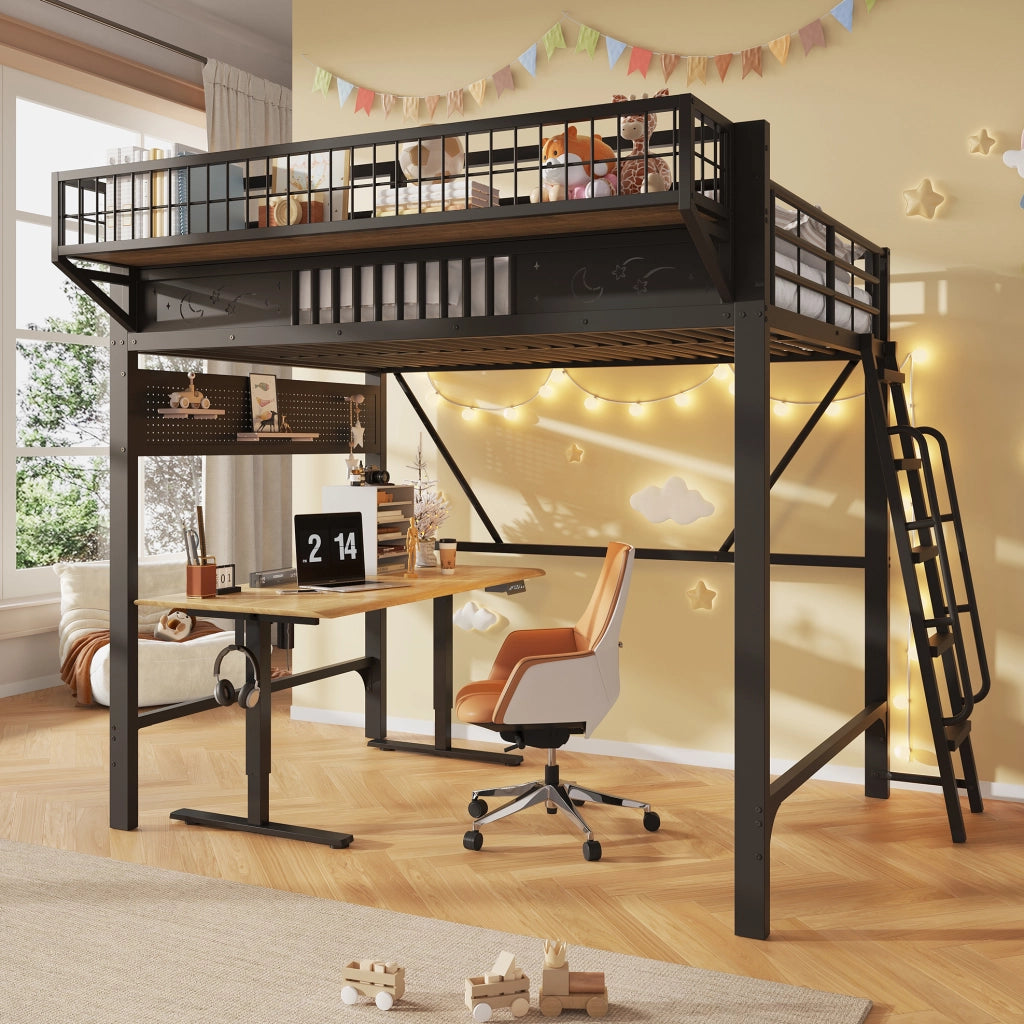 Letto a soppalco 140x200 cm in metallo nero con vani contenitore e scala reversibile