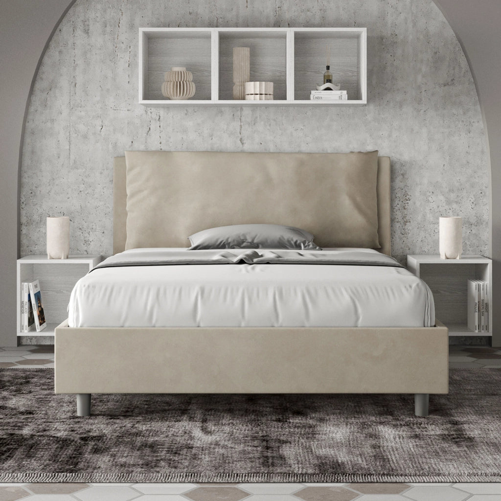 BS COM Letto matrimoniale francese contenitore imbottito 140x210 microfibra sabbia Large