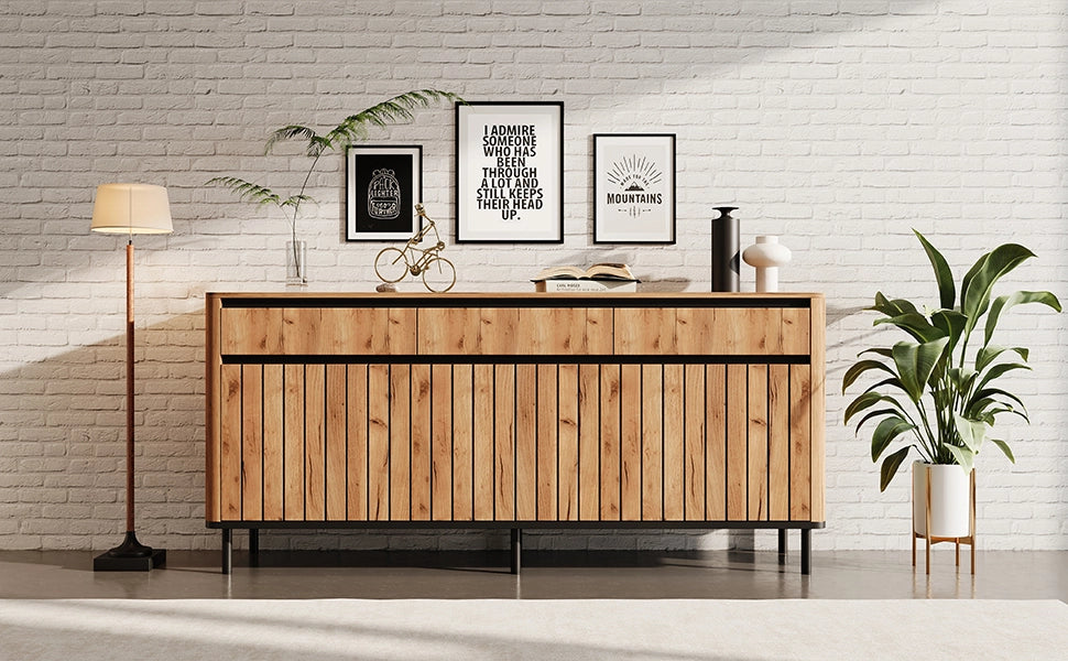 Credenza e madia con 3 cassetti e 3 ante a lamelle, per soggiorno e ingresso, in MDF naturale 160 × 40 × 73 cm