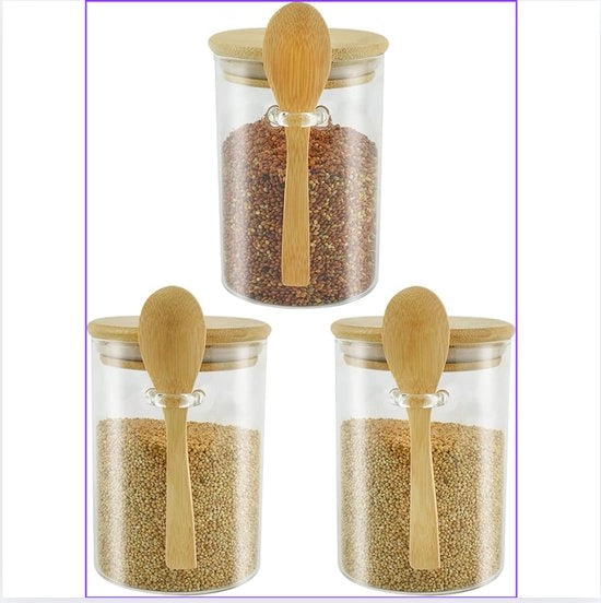 Tre contenitori in vetro con coperchio e cucchiaio 600 ml, contenitori in vetro per la conservazione, contenitori di conservazione per il cibo, contenitori a chiusura ermetica
