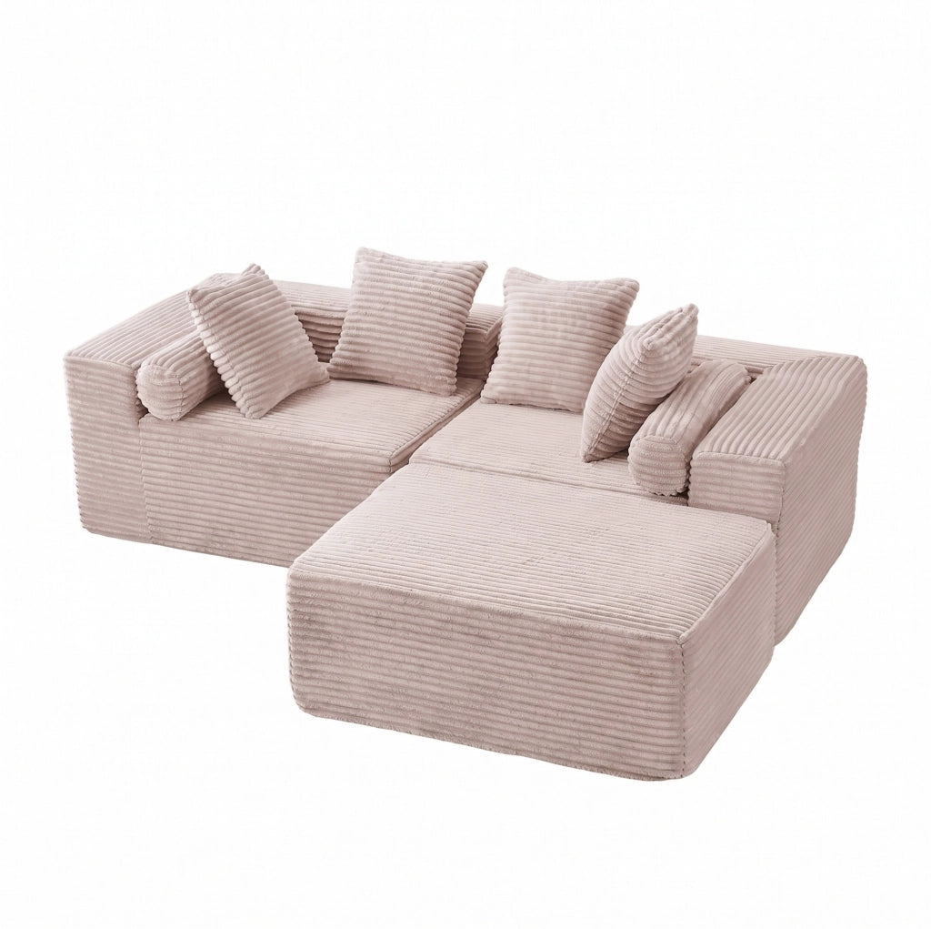 Divano modulare componibile a L con chaise longue; senza montaggio; in schiuma e molle; beige