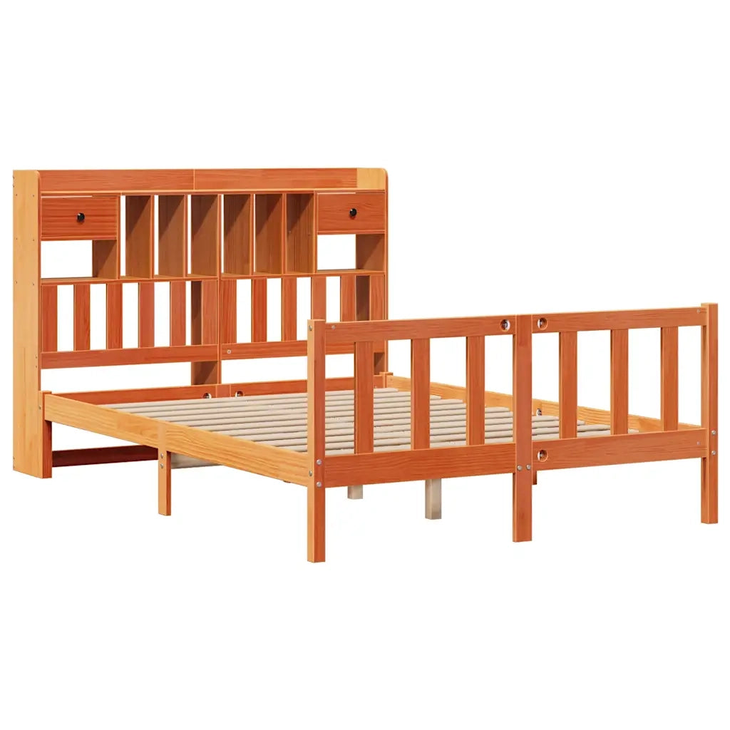 Letto Libreria senza Materasso-Struttura Letto con contenitore Marrone Cera 160x200 cm in Pino 786867