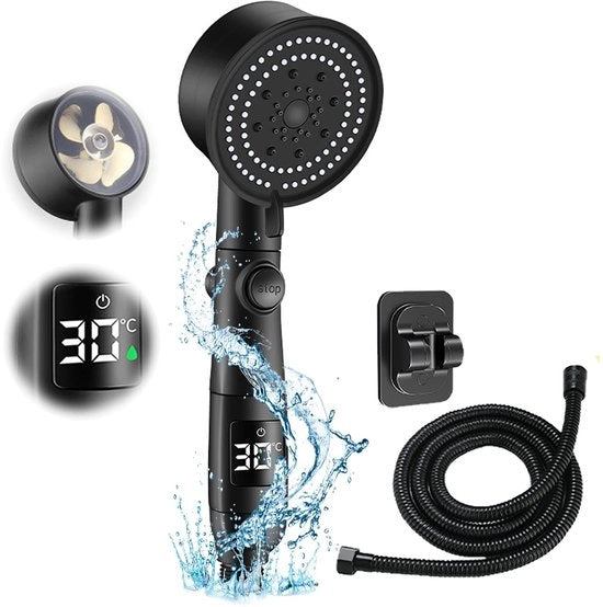 Douchekop idroeconomico con display di temperatura - alta pressione - 5 modalità - tubo di 2 metri - dimensioni 27 x 9 cm