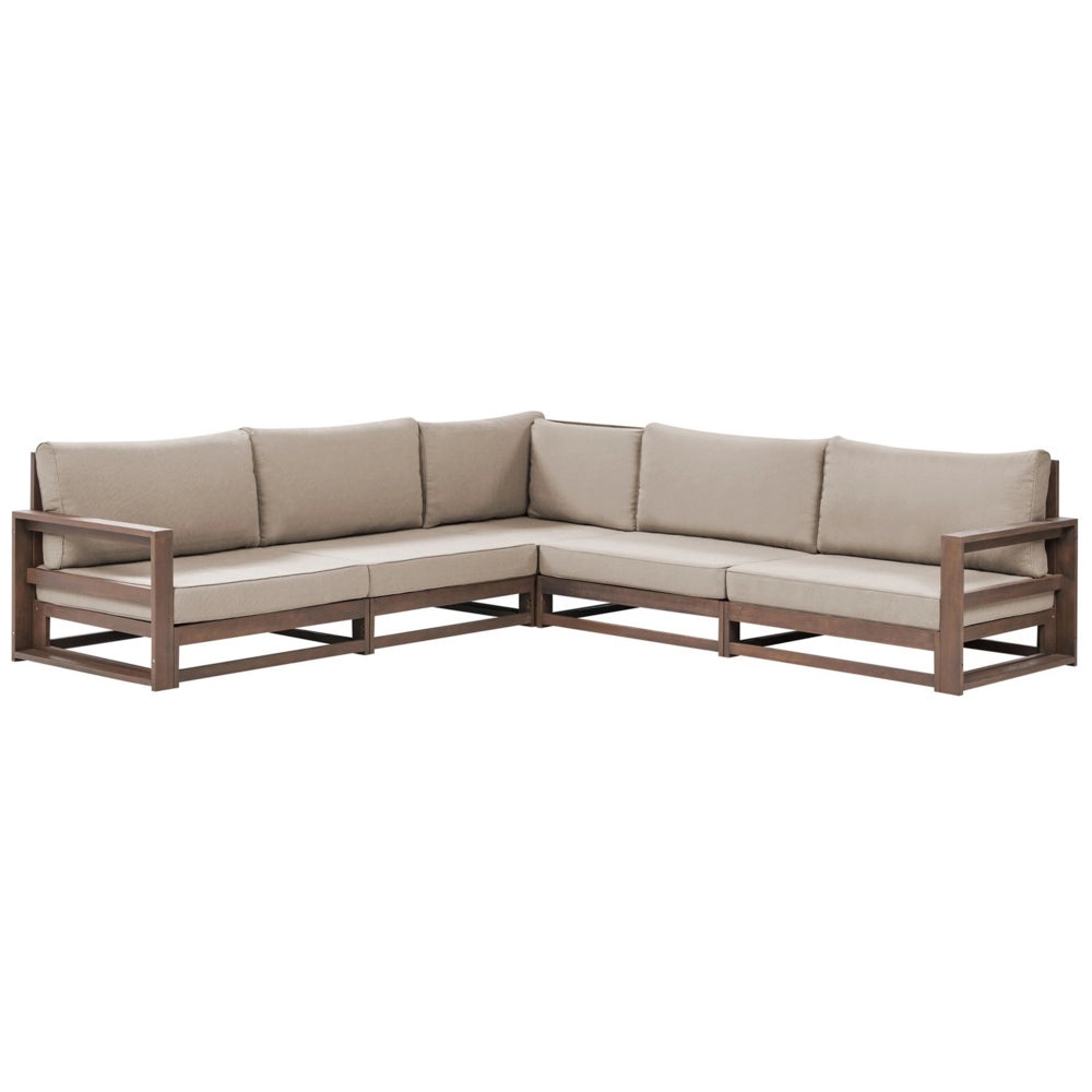 Set da giardino 5 posti in legno di acacia con cuscini grigio tortora lato destro moderno elegante
