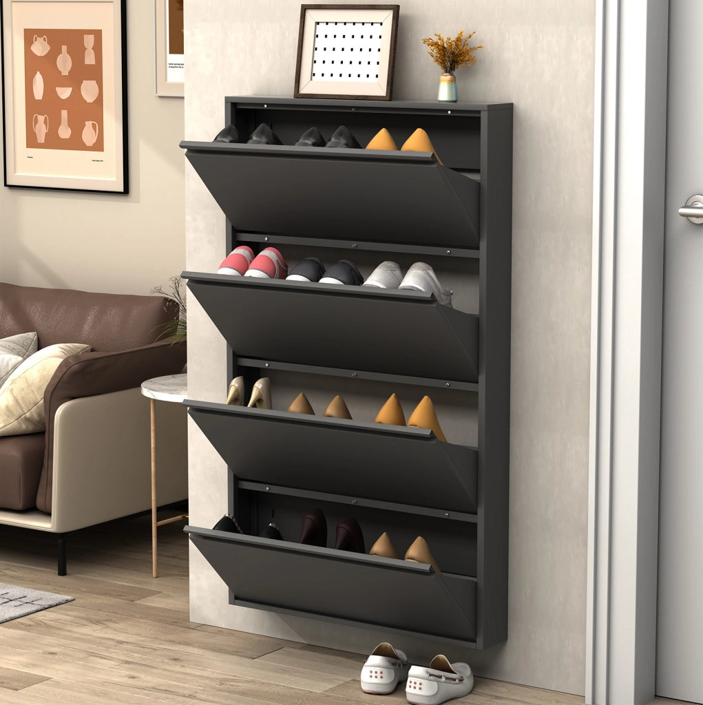 Scarpiera da parete stretta in metallo nero con ante a ribalta