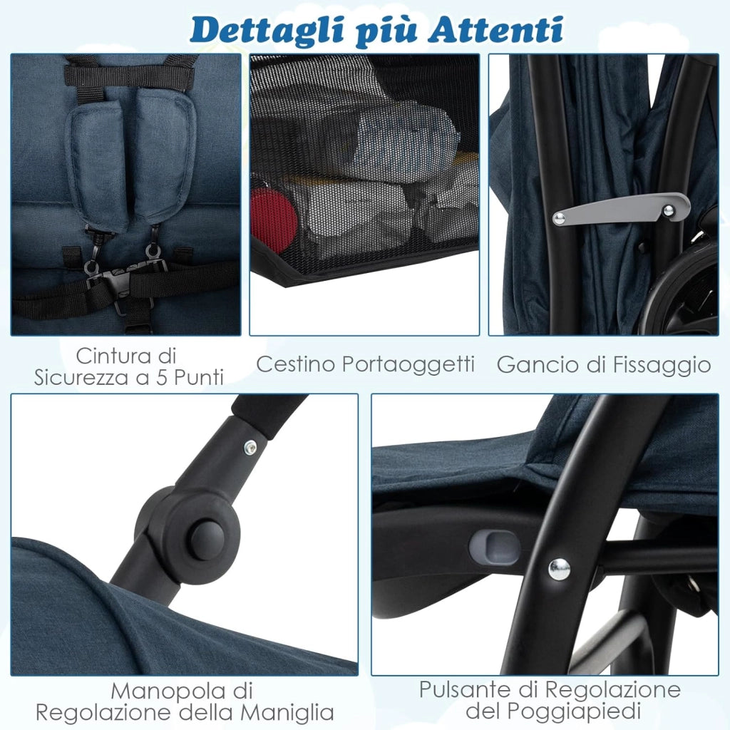 Passeggino Doppio Pieghevole per Bambini, Passeggino Gemellare Pieghevole, con Seduta in Tandem e Tettuccio, Schienale Regolabile, Ruote Bloccabili e Antiurto, per Bambini 0-36 Mesi (Blu)