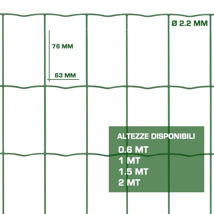 Rete per Recinzioni Metallica Plastificata Verde Resistente in Rotoli Formato: 10 mt x 1 H