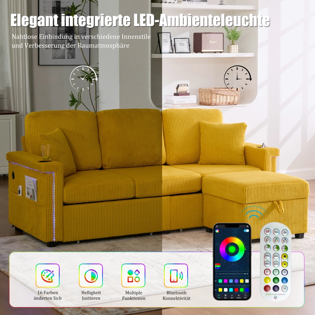 Divano in velluto a coste giallo senape con LED; USB/Type-C; portabevande e vano contenitore