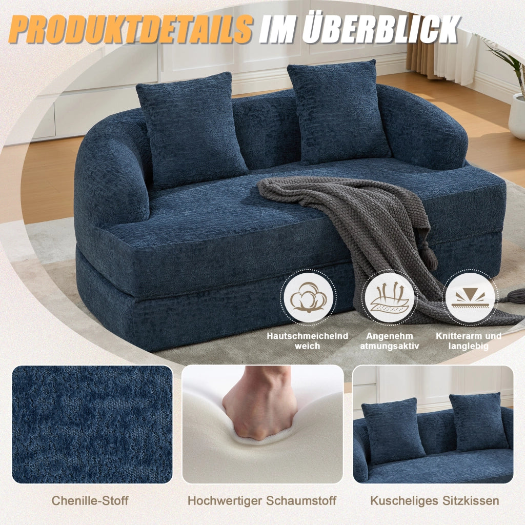 Divano letto a due posti convertibile con due cuscini in ciniglia blu navy compatto moderno per soggiorno e camera ospiti