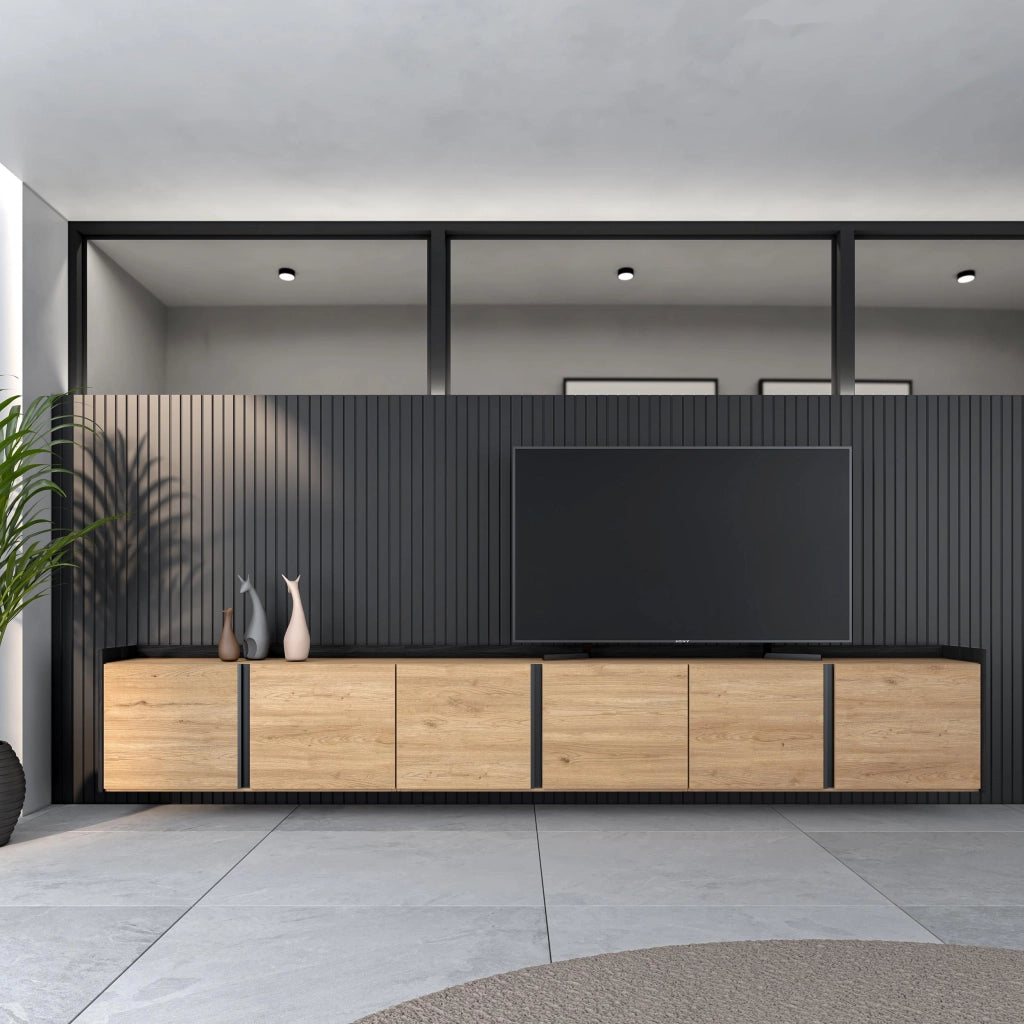 Mobile TV Soggiorno, 309x50x35 cm, Per TV fino a 80", Sospeso, da appendere, Rovere e nero