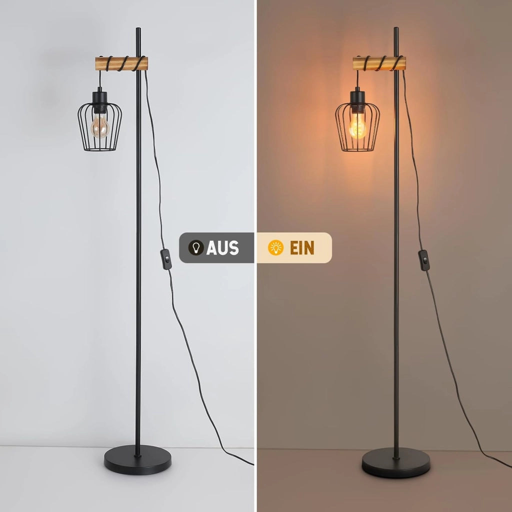 ZMH Lampada da terra vintage legno nera metallo industriale E27 146cm per soggiorno senza lampadina