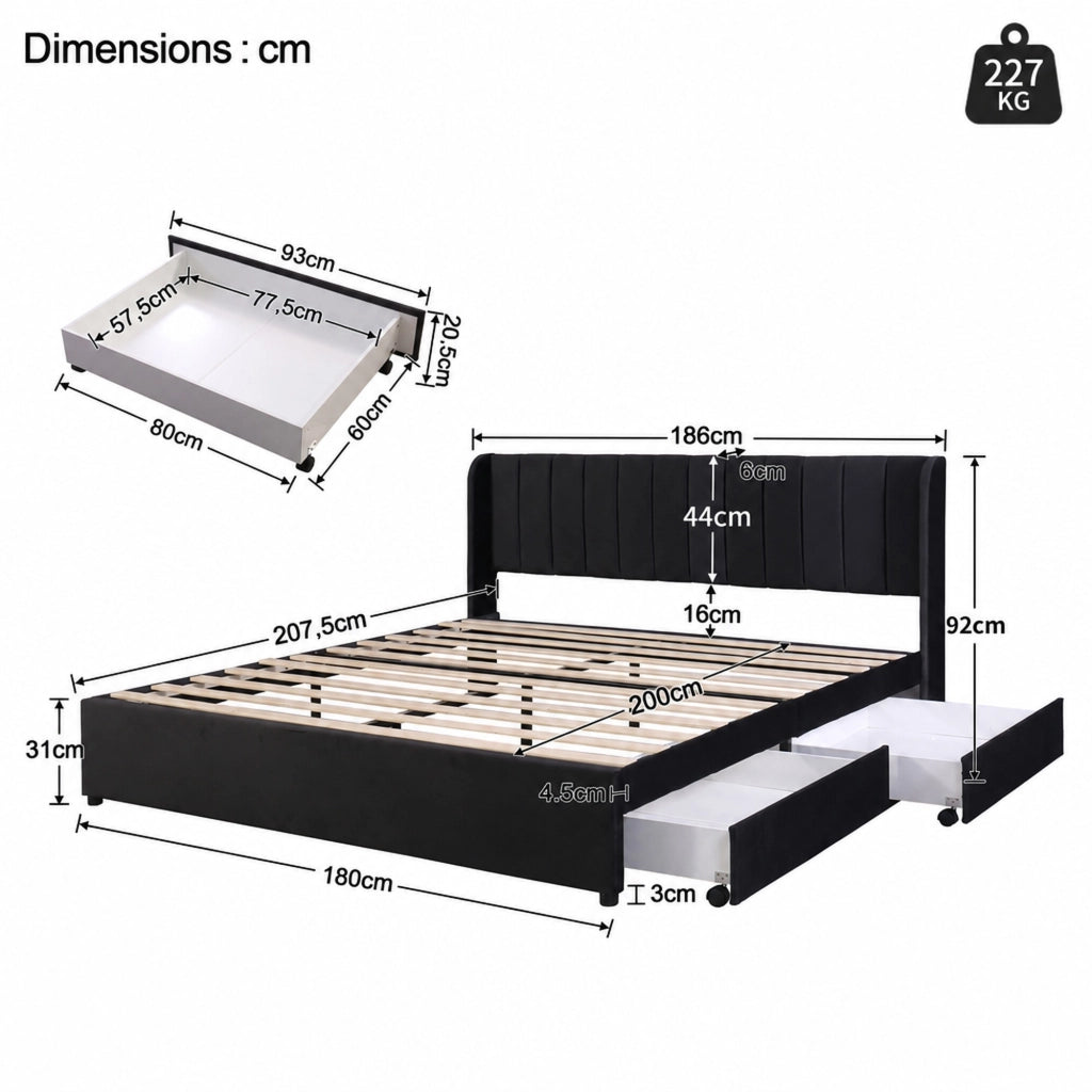 DESMIU Letto con Cassetti Matrimoniale con 2 Cassetti e Testiera Alta 180 × 200 cm, Senza Materasso, Velluto Nero
