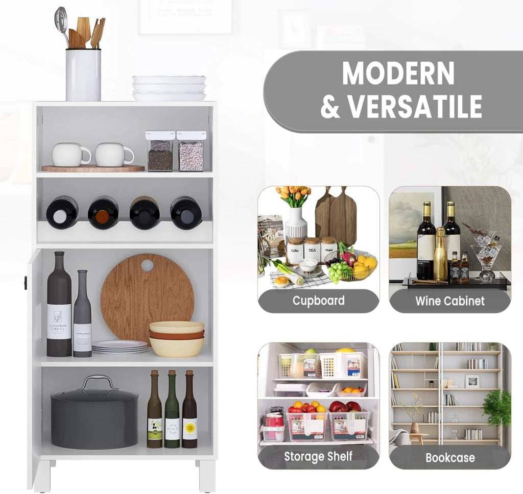 Credenza da Cucina con Portabottiglie per 5 Bottiglie, Libreria Chiusa Anta Bianca, Mobiletto Multiuso con Ripiani Regolabili, Scaffale Portaoggetti, in Legno e Metallo, 48x40x108cm