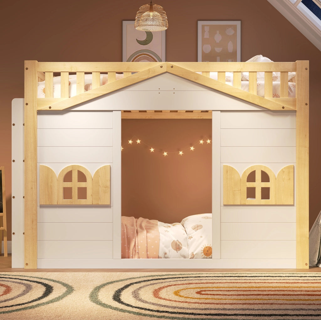 Letto a soppalco 90x200 cm in pino e MDF bianco con scala reversibile