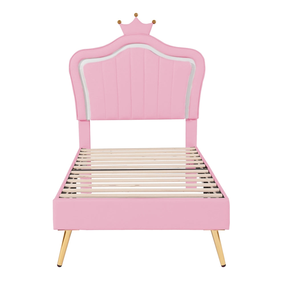 Letto Imbottito per Bambini con LED ¨C MINIMAL ¨C Rosa, PU, Rete a Doghe, 90x200