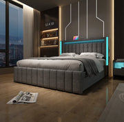 Letto 140x200 cm con LED; USB C e 4 cassetti; lino grigio