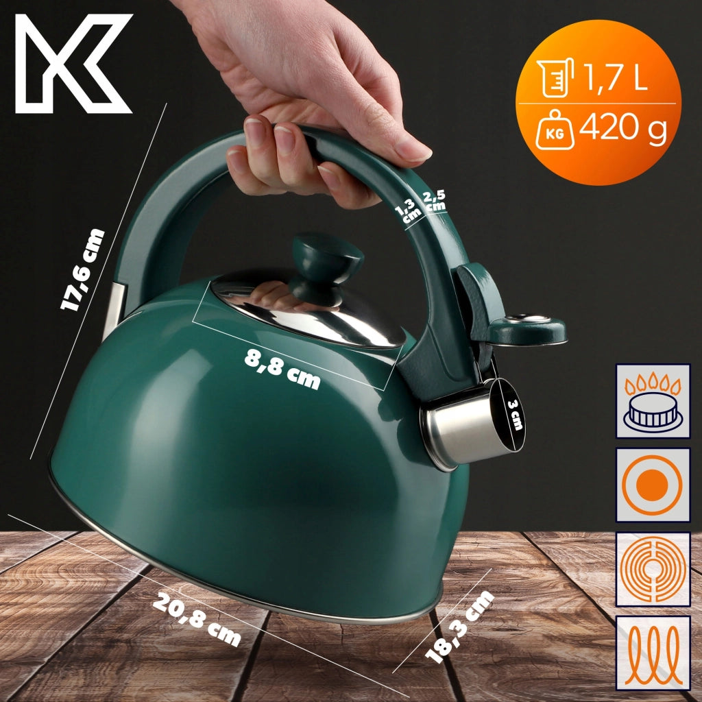 Bollitore a gas/induzione KADAX con fischietto, 1,7 l, acciaio verde tradizionale