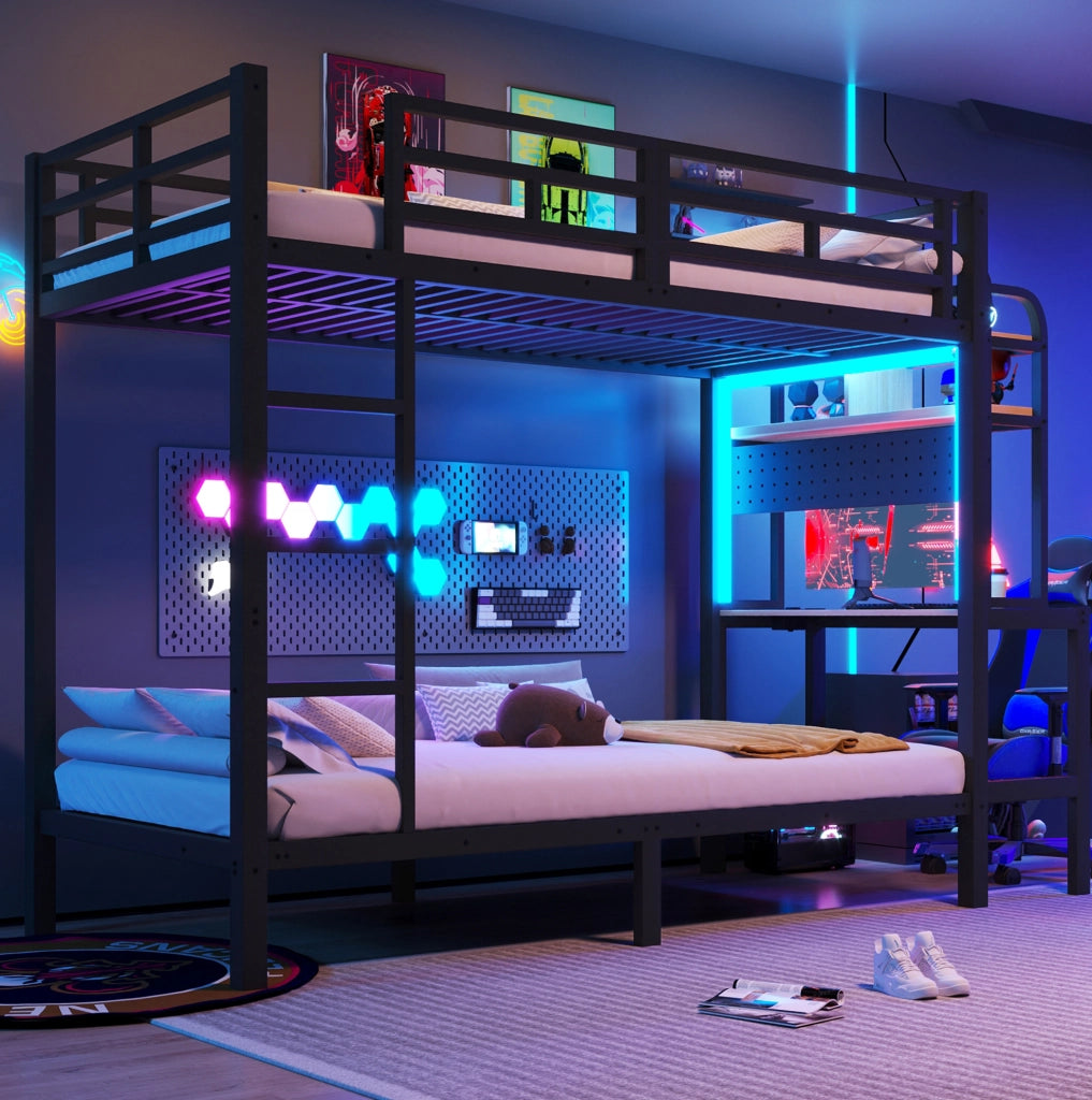 Letto a castello 90 x 200 cm con scrivania; ripiani; LED e USB in metallo nero