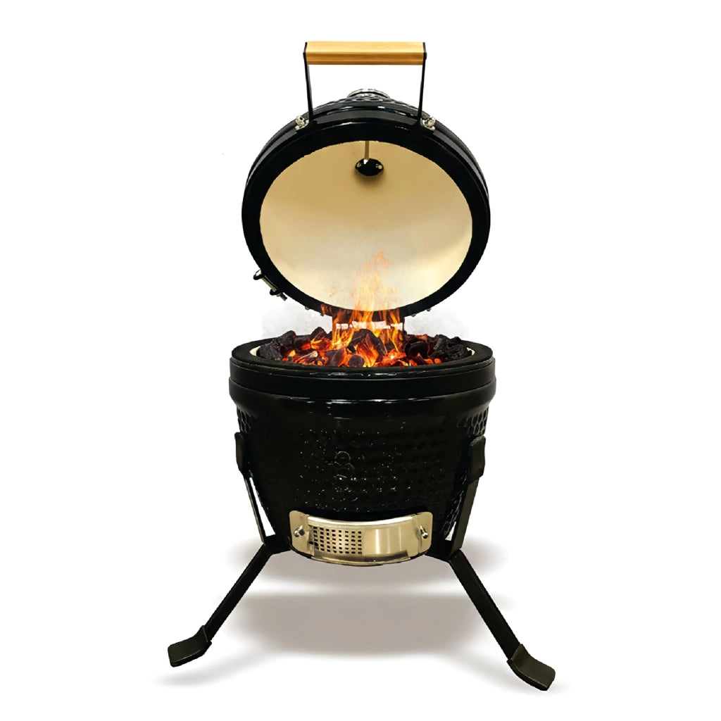 Barbecue Kamado a Carbone in Ceramica con Termometro, Griglia in Acciaio Inox SS304 Ø26 cm, Ventilazione Regolabile, BBQ Compatto da Giardino e Terrazzo