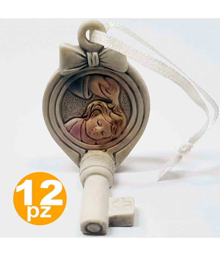 12pz Bomboniera Chiave Fiocco Gancio Battesimo Bambina Sacra Simbolo Appendino         