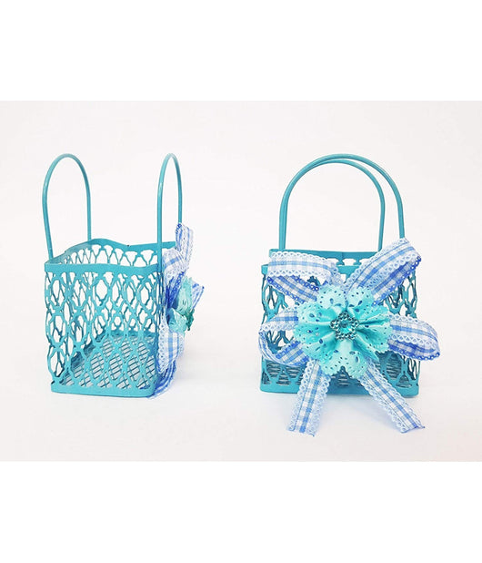 12pz Bomboniera Sacchetto Shoppers Metallo Azzurro Portaconfetti Nascita Comunione         