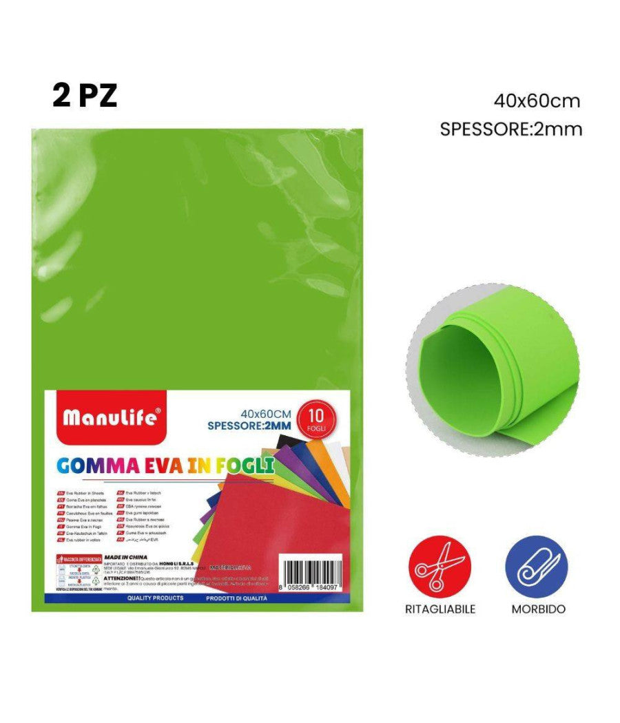 12pz Fogli In Gomma Eva Colore Verde Chiaro Materiale Alta Qualità  40x60cm 2mm         