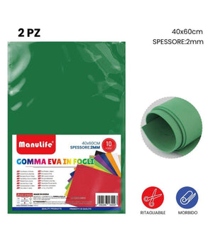 12pz Fogli In Gomma Eva Colore Verde Materiale Alta Qualità  40x60cm Spess 2mm         