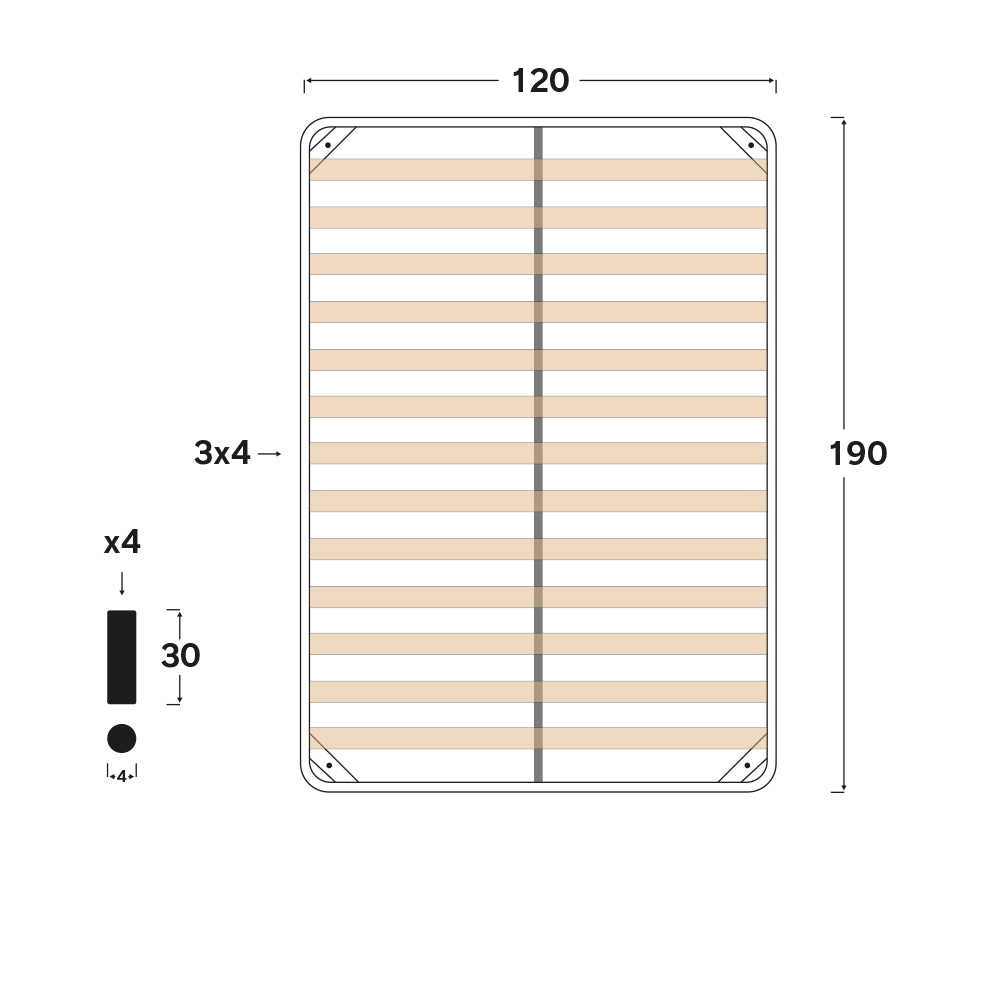 Rete ortopedica 120X190 13 doghe in betulla con 4 piedi |100% MADE IN ITALY| struttura in acciaio anti cigolio, angoli anti infortunistici, altezza 34 cm