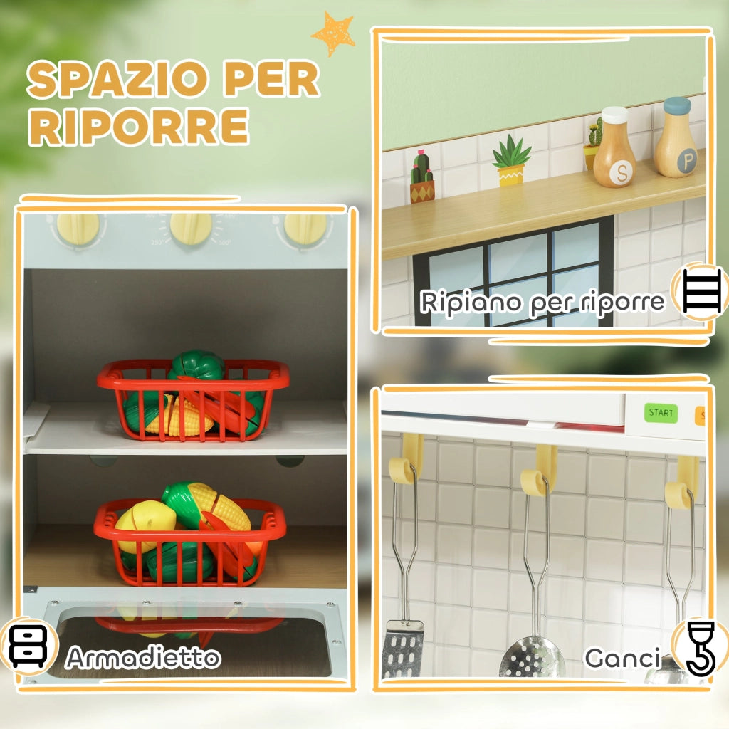 Cucina Giocattolo per Bambini con Fornelli e Armadietti 72x33x85,2 cm in Legno e PP Blu e Bianco