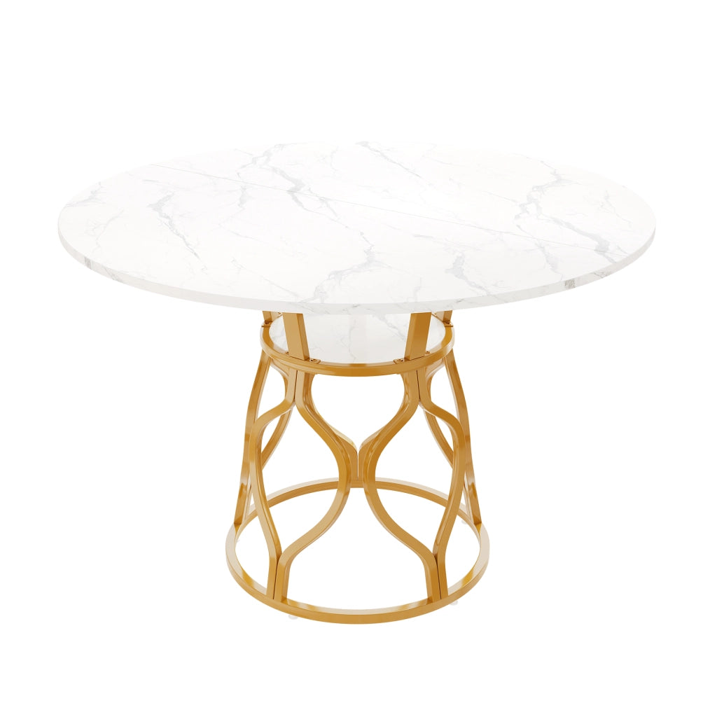 TAVOLO da Pranzo Rotondo 100x100x75 cm Bianco e Oro con Ripiano