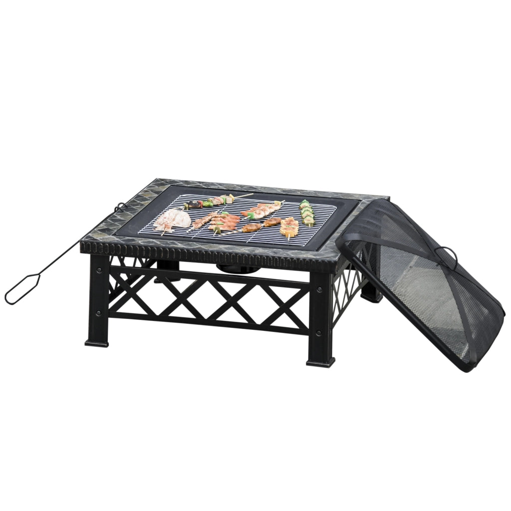 Braciere da Giardino con Coperchio Parascintille e Griglia per Barbecue in Metallo 76x76x47cm Nero