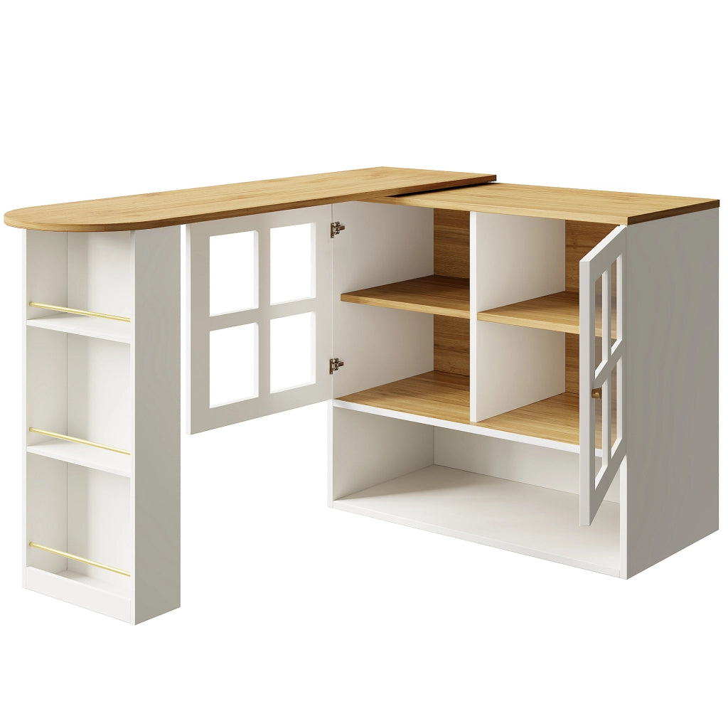 Credenza girevole 138-204x39x102.5 cm; con ante in vetro temperato; MDF bianco