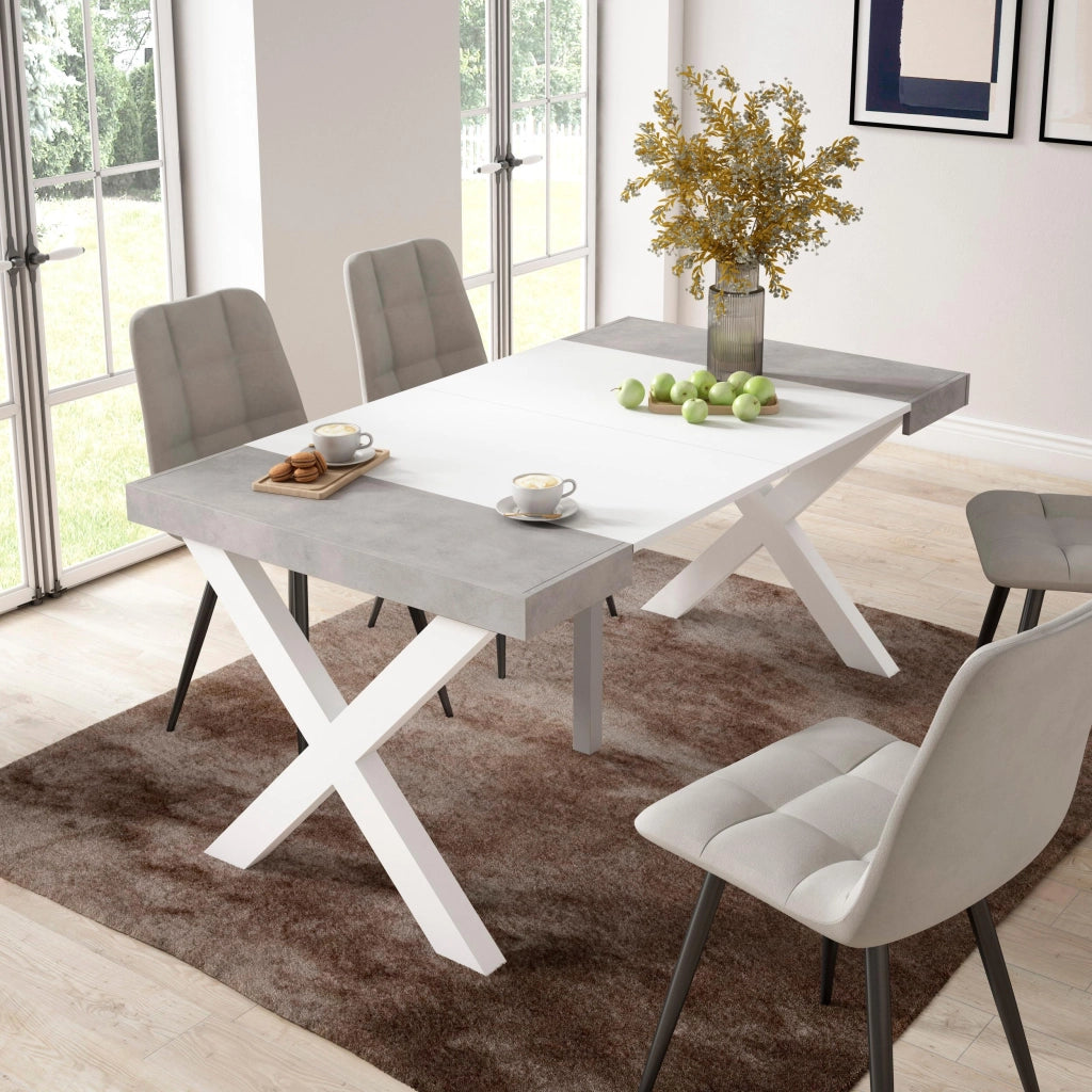 Consolle allungabile, 58 fino 160x90x73cm, Per 8 persone, Gambe in legno, Bianco e grigio cemento RF2736