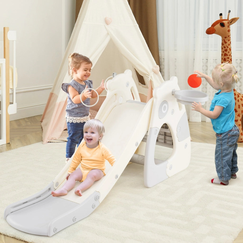 Scivolo pieghevole per bambini con canestro da basket e pallone, Parco giochi per interni ed esterni per bambini Grigio-Arrampicate e scivoli