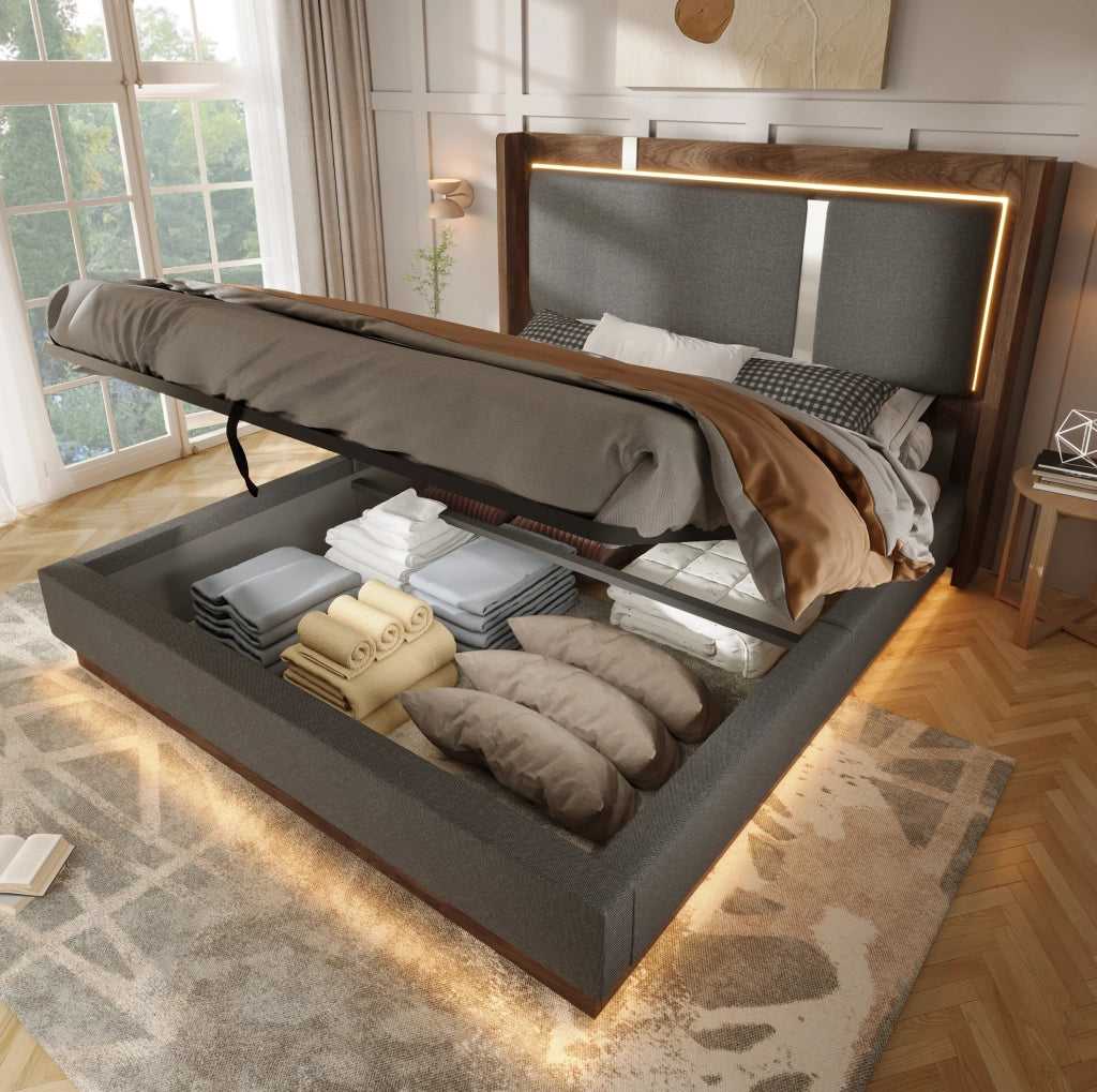 Letto matrimoniale imbottito 180x200 cm con LED e vano contenitore