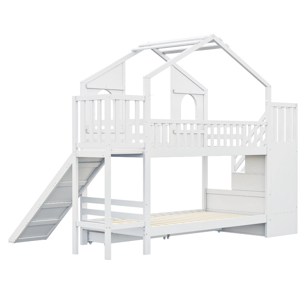 Letto a Castello 90x200 cm; Casa con Scivolo; Scala contenitore; Cassetti; Bianco