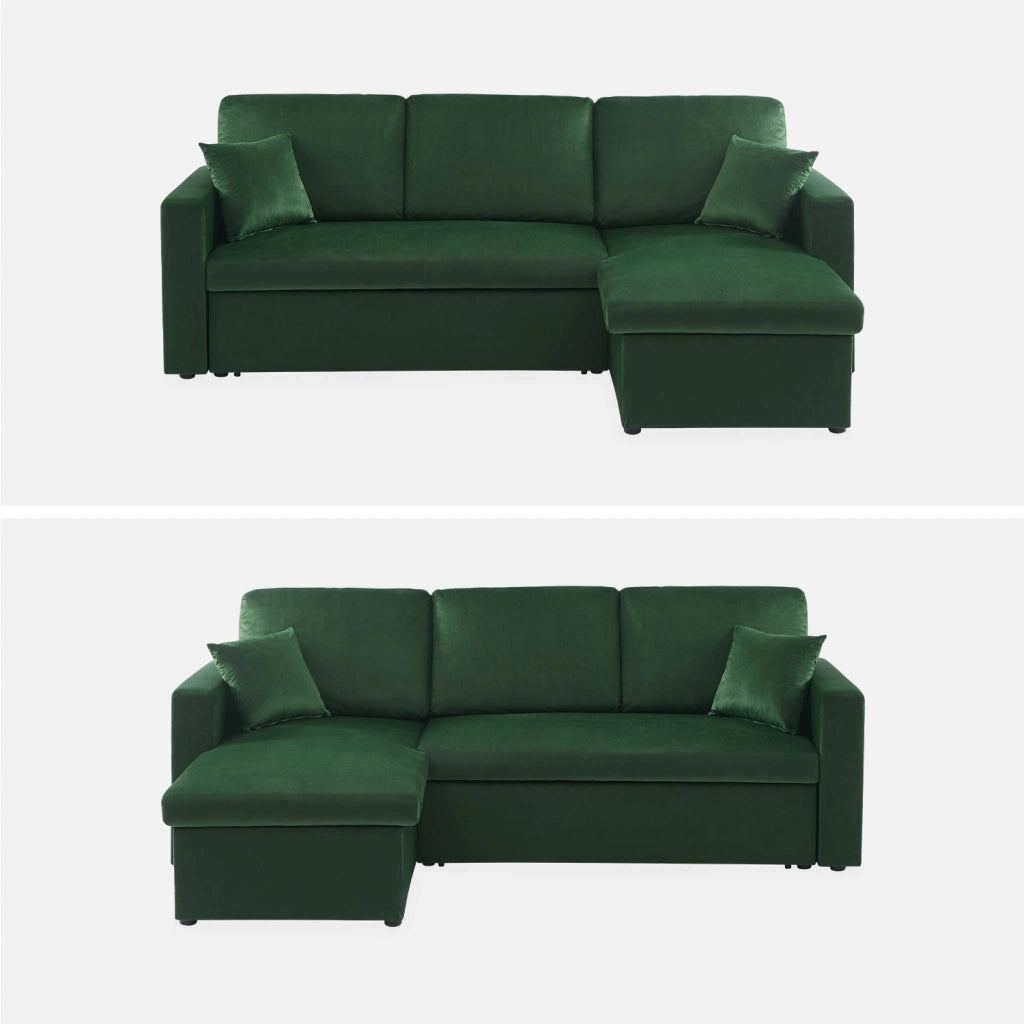 Divano letto angolare reversibile in velluto, 3 posti, verde inglese