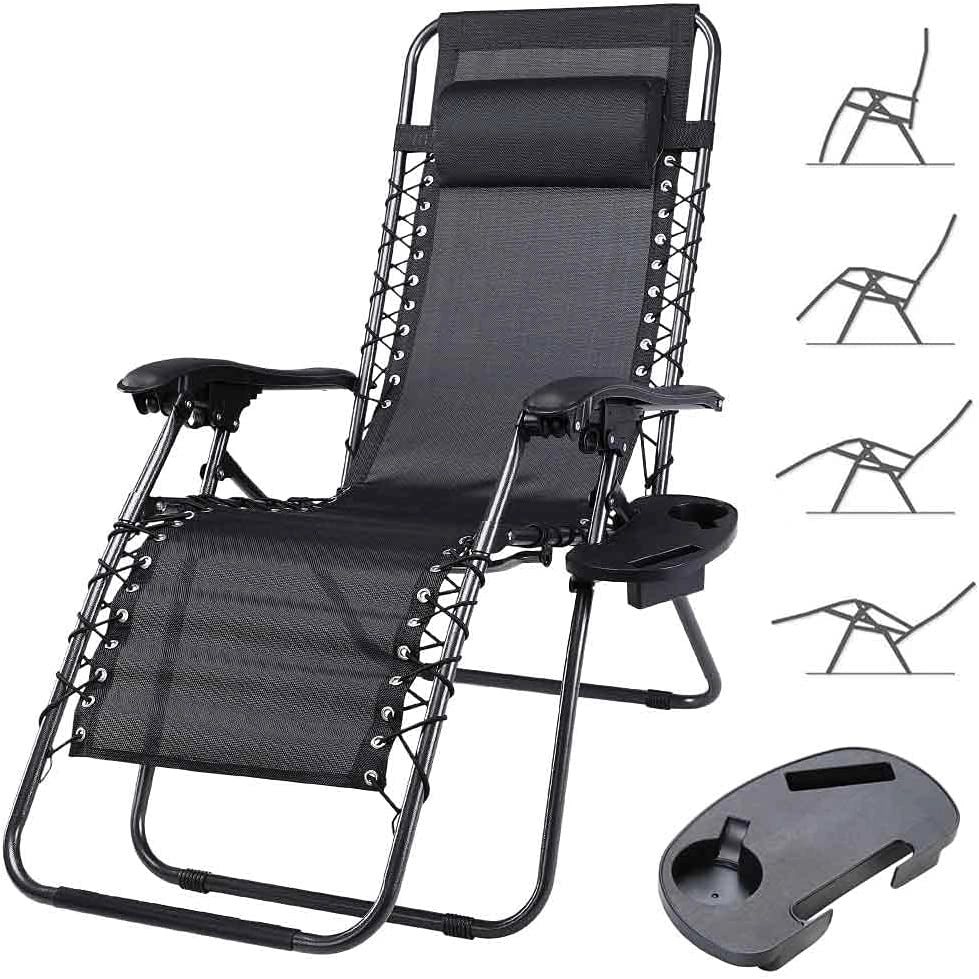 Sedia Poltrona Giardino Gravita Zero Pieghevole Acciaio Texilene + Vassoio Nero