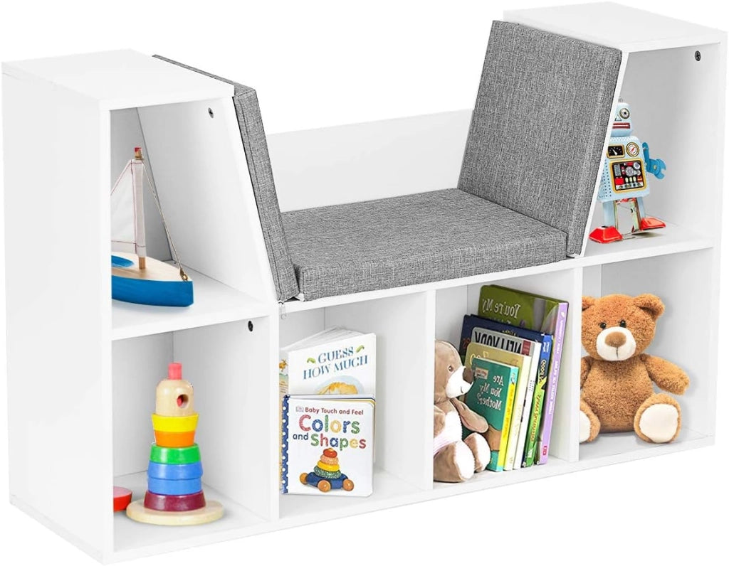 Libreria con Cuscino da Seduta, 6 Scomparti e 2 Ripiani con Panca Cameretta dei Bambini, Ufficio, Bianco