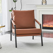 Poltrona moderna in similpelle marrone con struttura in metallo nero, stile industriale