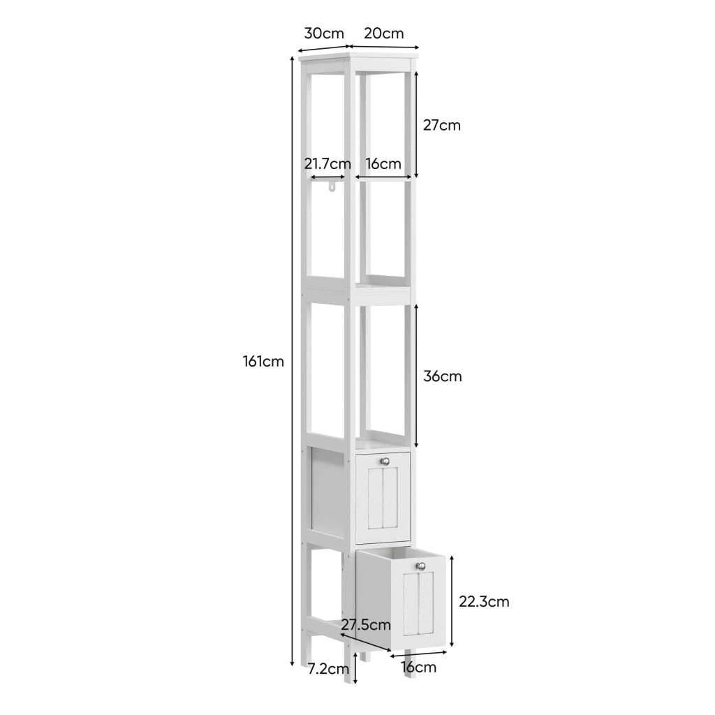 Mobile da bagno con 2 cassetti e 3 ripiani; per bagno; in MDF; 20 x 30 x 160 cm; bianco