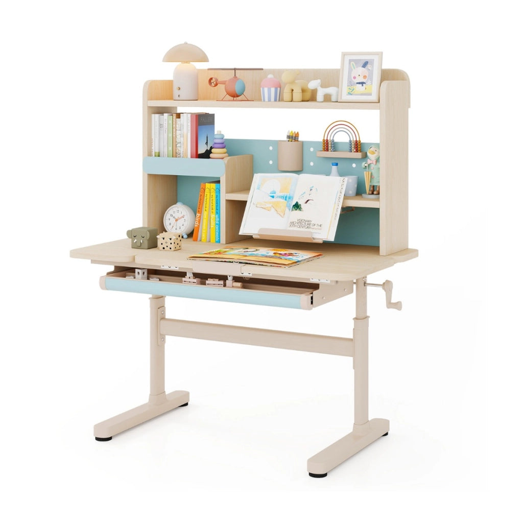 Tavolo da studio regolabile in altezza con piano inclinabile mensole, Scrivania per bambini con libreria e cassetto Blu