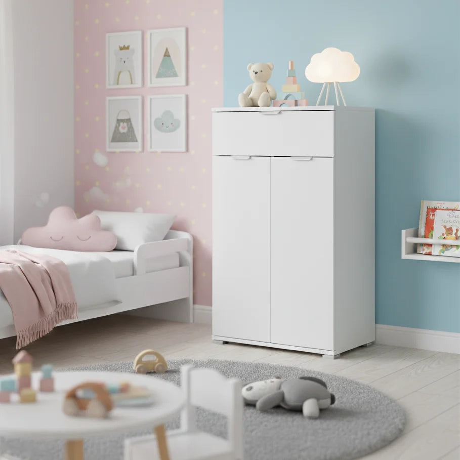 Comodino/Armadietto Bianco 2 Ante + Cassetto | Mobiletto Salvaspazio con 2 Ripiani Regolabili | Già Assemblato per Camera, Ingresso, Bagno e Soggiorno