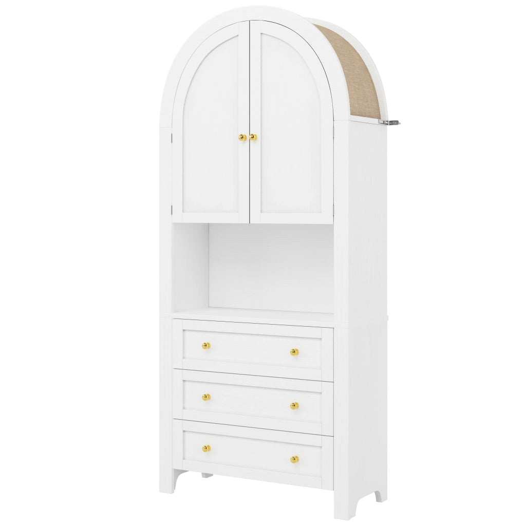OKWISH Credenza Alta con 3 Cassetti, Vano Aperto e Spazio Chiuso, Design ad Arco per Cucina e Soggiorno, MDF, Bianco, 70×35×180 cm