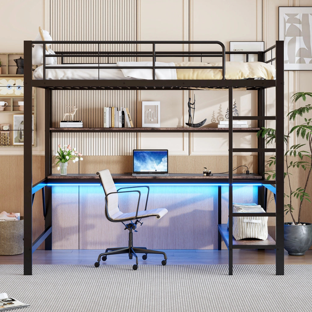 Letto a soppalco multifunzione; 140x200cm; presa USB; mensole da scrivania LED; nero
