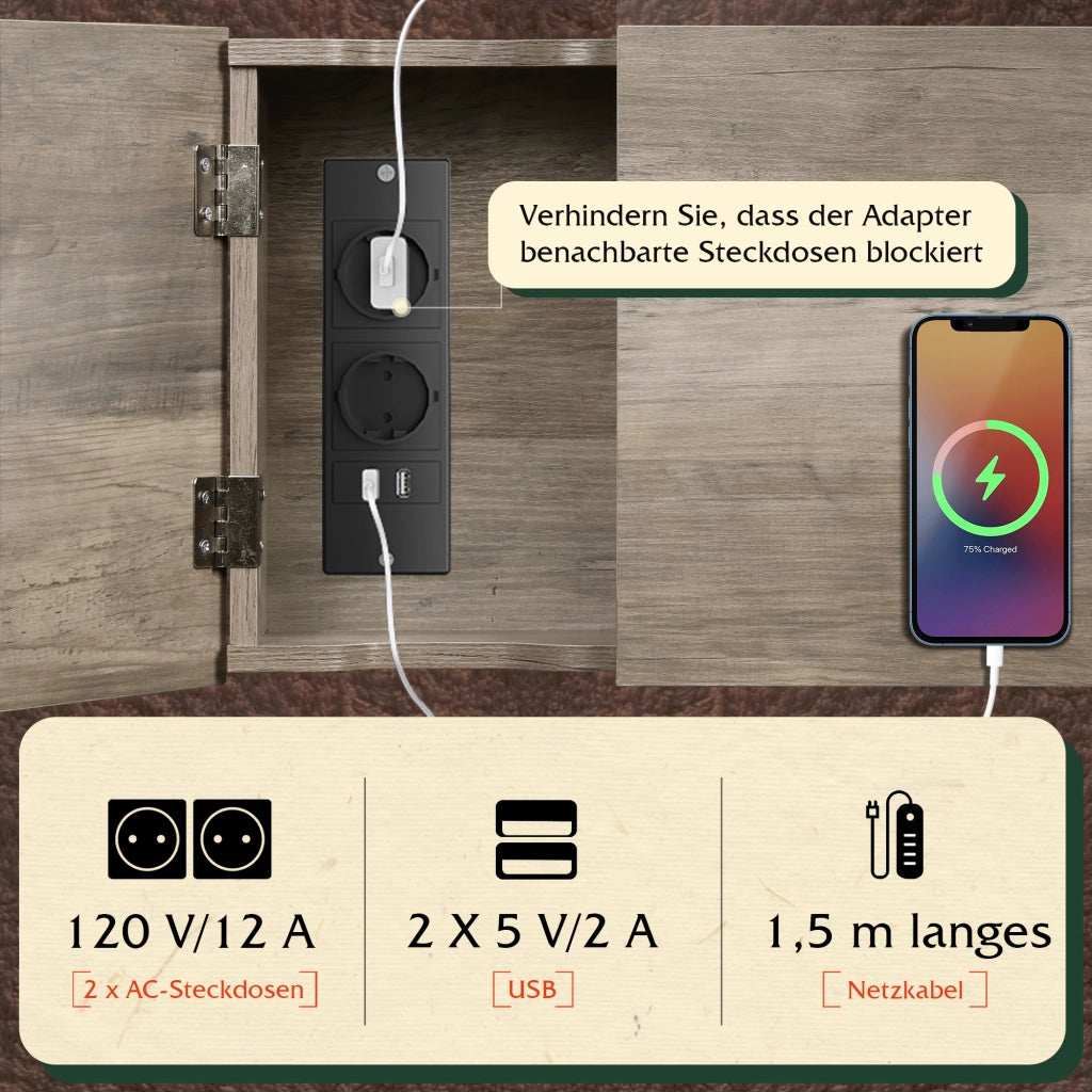 Tavolino ripiano impilabile con prese e USB ¨C Zephmum ¨C Grigio beige 50x50x50