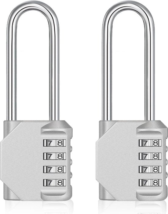 Hangslot con lungo braccio, combinazione a 4 cifre, lungo e resistente all'usura per porte di sottoterra e cancelli esterni, grande slot con alto braccio (2 pezzi, argento)